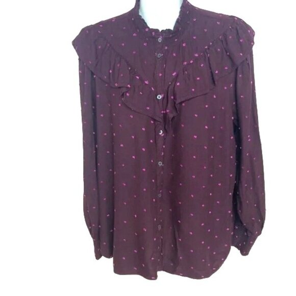 Loft Victorian Button Down Blouse With Ruffle Coquette sz L Plum Pink Polka Dot - Picture 1 of 9